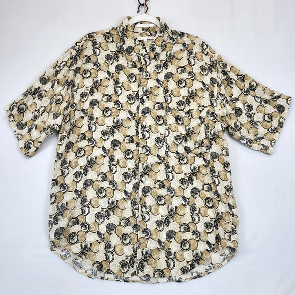Perry Ellis Button Up 100% Silk Shirt Men M Geo Print Tan Short Sleeve Casual - Picture 1 of 9